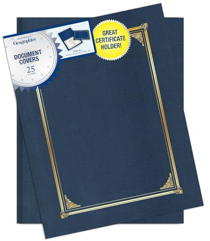 Geographics Classic Linen Certificate/Document Covers, 12.5” x 9.75”, Navy Bue (25 Pack)