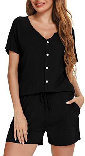 Vlazom dampyjamas-set, U-ringad pyjamas, sommar, hemmadräkt för kvinnor, kortärmad sovskjorta med knappar, Stil B-svart, L