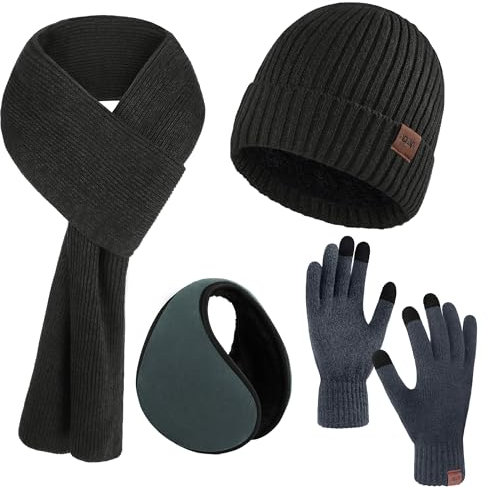 Aneco 4 Pieces Winter Beanie Set for Men and Women Thermal Fleece Lined Knit Hat Touchscreen Gloves Long Scarf Earmuffs Set