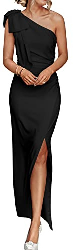 PRETTYGARDEN Women's Summer One Shoulder Long Formal Dresses Sleeveless Ruched Bodycon Wedding Guest Slit Maxi Dress (Black,X-Large)