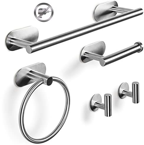 Virklyee Set Porta Asciugamano 5 Pezzi Portasciugamani Porta Carta Igienica Anello Asciugamano 2 Gancio Set da Bagno Autoadesivo in Acciaio Inox Porta Asciugamani Appeso a Parete Bagno Cucina(Argento)