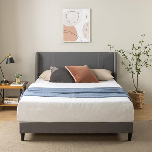 Zinus Sasha Cama 150x190 cm - Altura 25 cm - Somier de plataforma tapizado con cabecero abatible y soporte de láminas de bambú - Gris medio