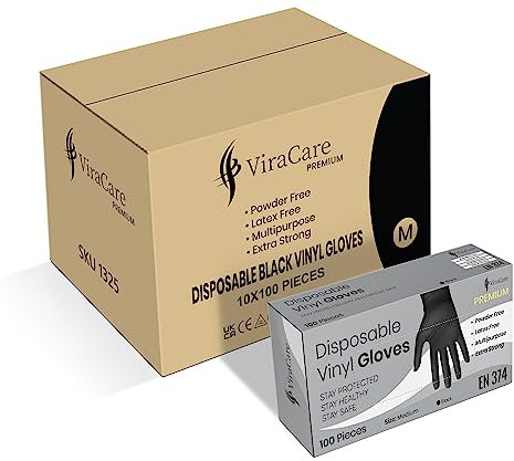1000 x Black Premium Disposable Gloves Medium | Double Thickness | Vinyl Gloves Disposable Medium | Latex free Gloves | Powder Free Gloves | Black Gloves Disposable | Non-Sterile | (Medium)