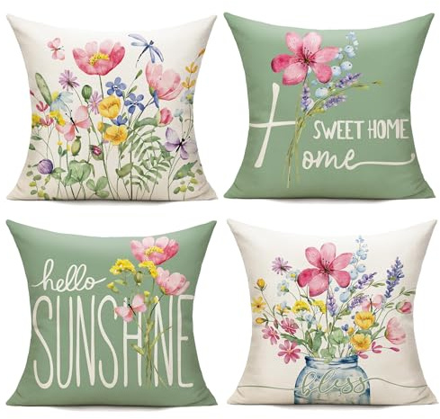 WOKANI Outdoor Throw Pillow Covers 18x18 Set of 4 Spring Summer Garden Flowers Farmhouse Patio Decorative Cushion Covers Home Decor Couch for Sofa Bedroom Livingroom