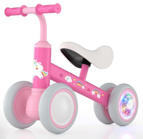 Lilian&Gema Kinderlaufrad ab 1 Jahr, Laufrad mit Buntem Beleuchteten Rädern, Licht, Lenkrad und Sattel Höhenverstellbar, Modernes Design, Balance Bike für 12-24 Monate (Rosa)