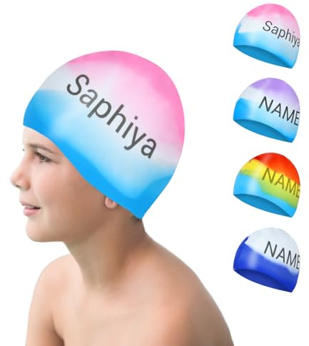 NGTSFLY Kinder Badekappe mit Namen, Erwachsene Unisex-Silikon Langhaar-Badekappe für Mädchen