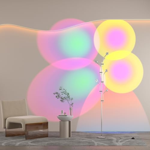DENGALA Halo Projector Floor Lamp - 4000K LED Multi Head Floor Lamp with RGB Filters - Sunset Projection Ambient Lighting - Mood Corner Lamp for Bedroom,Living Room - Chrome