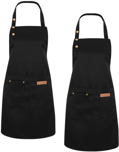 2 Pack Kitchen Apron, Professional Adjustable Black Apron with 2 Pockets, Unisex Canvas Water and Oil Stain Resistant, Kitchen Apron for Cooking, Restaurant, Gardening, BBQ, Baking and Serving