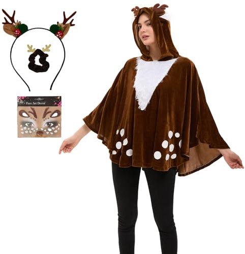 JadeLink Reh Kostüm Damen, Karneval Kostüm Reh mit Poncho, Haarreif, Gesichtstattoo und Haargummis, Faschingskostüm Rentier Tier Kostüm Erwachsene für Karneval, Weihnachten, Halloween