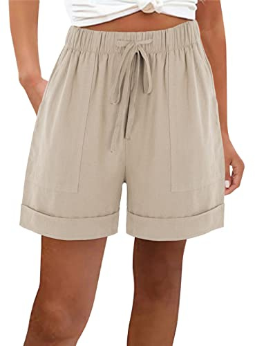 RLEHJN Cotton Linen Shorts Women Clearance Solid Color Loose Pull On Shorts with Pockets Summer Lightweight Casual Pants Folded Hem Elasticated Waist Short Pants Beach Lounge Wear S-3XL Beige