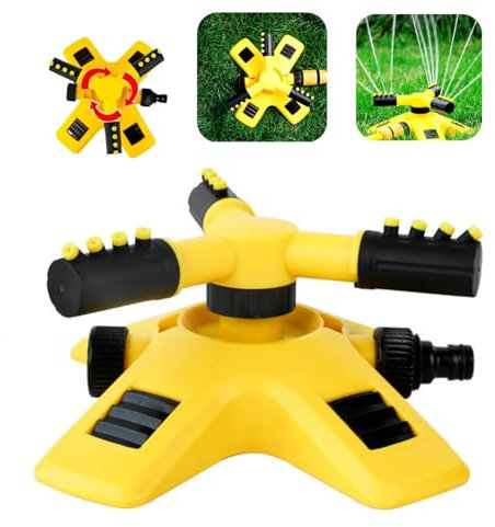 Garden Sprinkler,Automatic Lawn Sprinkler,Adjustable 360 Degree Rotation Lawn Sprinkler,2 Spray Patterns for Even Coverage Watering,3 nozzles Lawn Large Area Coverage,Even Coverage Watering,YellowGard