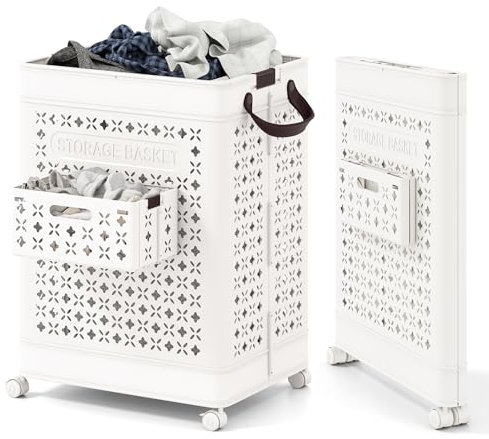 COSTWAY Foldable Laundry Basket on Wheels, 75L Rolling Laundry Hamper Sorter with Hanging Basket and Handles, Collapsible Plastic Dirty Clothes Cart Washing Bin Organiser for Bathroom Bedroom, White