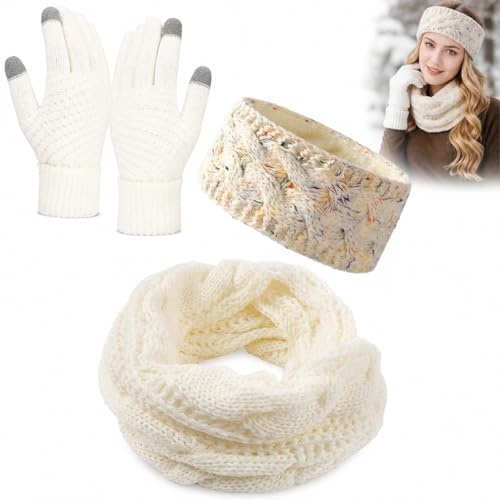 FMPXYYA Conjunto Invierno Mujer 3 Piezas Blanco Bufanda Circular cálida + Guantes Pantalla táctil + Cinta térmica Cabeza Ideal para Exteriores y Regalo Elegante