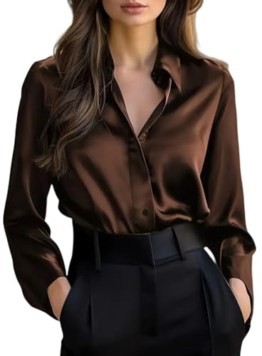 Onsoyours Camicia da Donna Elegante in Raso di Seta Camicetta a Maniche Lunghe con Scollo a V Blusa Basic con Bottoni A caffè S