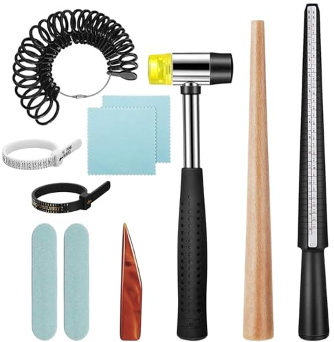 11 Pezzi Misuratore Anelli, Set Strumenti Misurazione per Gioielli, Misura Anelli per Riparazione e Creazione, Strumento con Mandrino Anello, Martello Gomma, Lucidatura Agata, Ring Sizer Scala