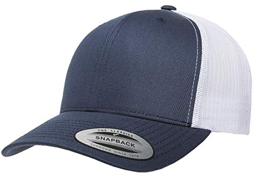 Yupoong Classic Mesh Retro Trucker Cap, Mid Profile Snapback, Navy/White