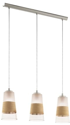 Eglo Pendant Light Burnham, 3-Light Hanging Lamp Vintage Retro, Suspension Lamp Steel Glass Bast Nickel Matte White Natural, Dining Table Light, Living Room Hanging Lamp with E27 Socket