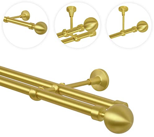 Gardinenstange Vorhangstange 180 cm 2 läufig 19mm Gold-Matt Messing Antik Vintage-Look Retro-Stil Kugel Wandbefestigung