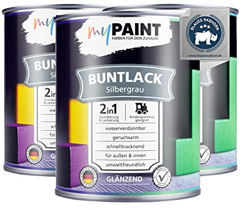 myPAINT® vernice colorata 2in1 (2,25L, RAL 7001 grigio argento) extra lucido vernice acrilica - vernice per giocattoli per bambini - vernice per legno - vernice per legno da interni