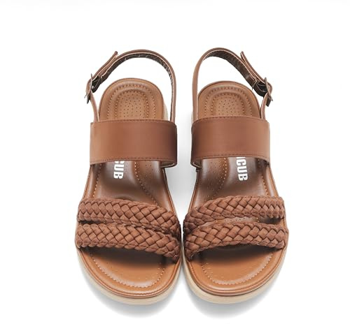 DUUCUB Women's Flat Sandals Ankle Strap Open Toe Summer Braided Sandal Beach Comfortable Platform Outdoor Slingback Dress Shoes Camel Size 7