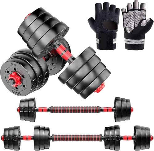 Edinco 40kg Adjustable Dumbbells and Barbell Set | Versatile Home Gym Weights Kit with Connector | Strength Training Free Weights | Bonus Gloves
