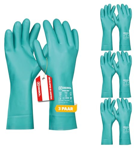 Gebol Green Tech, 3 Paar Lange Nitrilhandschuhe, Gummihandschuhe gegen Chemikalien, Säure & Öl, Wasserdichte Arbeitshandschuhe mit Waffelmuster für Putzen, Garten & Labor, L (Gr. 9)