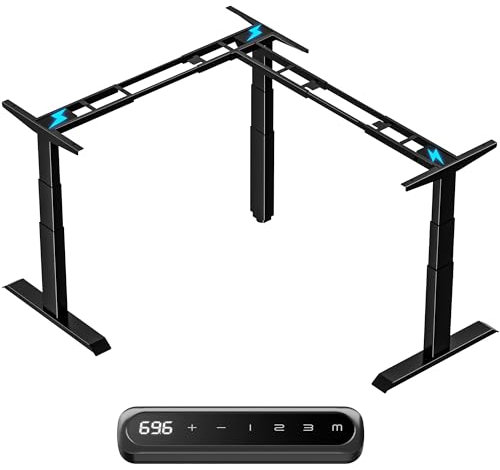 Ergofino höhenverstellbares Eckschreibtisch Gestell, höhenverstellbarer schreibtisch ecke, L-förmiger Eckschreibtisch gestell, GS-Zertifiziert, 3 Motoren, 3-Fach Teleskop, 150KG Tragfähigkeit(Schwarz)