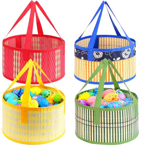 Foldable Easter Woven Bamboo Baskets Empty, 4 Pcs Easter Basket Bulk Set with Handle, Large Easter Baskets for Easter Egg Hunt Party Favor Picnic Supplies Gift Packing - Red Yellow Green Blue