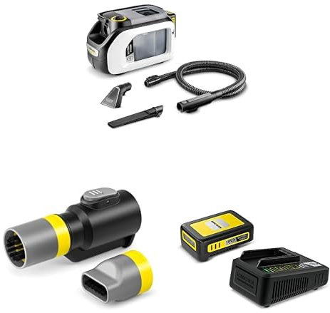 Kärcher SE 3-18 Compact Home, Akku-Waschsauger, Weiss (Sprühschlauch, extra Wasch- & Fugendüse zur Polsterreinigung, 75 mm Arbeitsbreite, Durchspülfunktion) inkl. 18 V Starter Kit 18/2 + Schuhreiniger