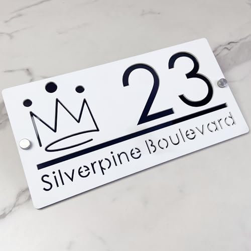 Targhetta per indirizzo personalizzata, numero civico 3D in acrilico con corona taglio laser, design moderno con effetto galleggiante, cartello esterno per casa, hotel e appartamento (White Black)