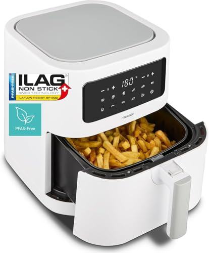 MEDION P10 XL Duo Heißluftfritteuse (6,8 Liter XXL, Airfryer, 2.150 Watt, zwei Heizelemente aus Edelstahl, Schüttel Alarm, 9 Automatikprogramme, Touch Bedienfeld, LED Anzeige, ILAG PFAS-frei) matt