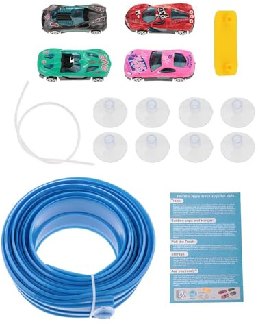 F Fityle Pista de Carreras Flexible de 4,5 m con 4 Coches de Aleación, Potentes Ventosas, Multifuncional, para Carreras Impulsadas por Física, Juguete, Azul