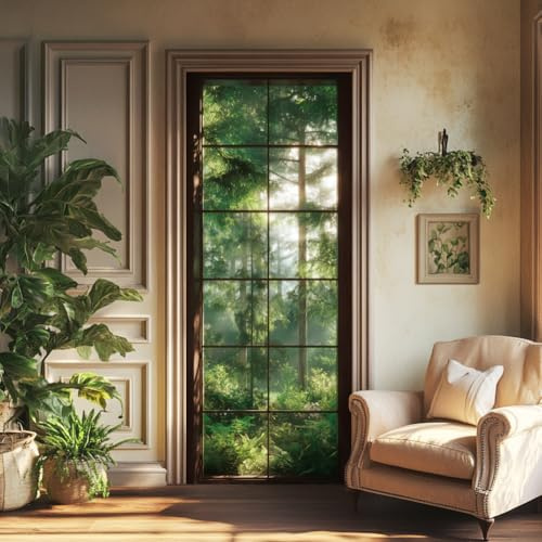 arricraft 2 Pcs Self-Adhesive Door Stickers, 31.5x78.7 Tree Scenery Green Forest Vintage Wood Frame Pattern Door Murals Stickers PVC Doors Removable Wallpaper Decoration for Bedrooms Living Room