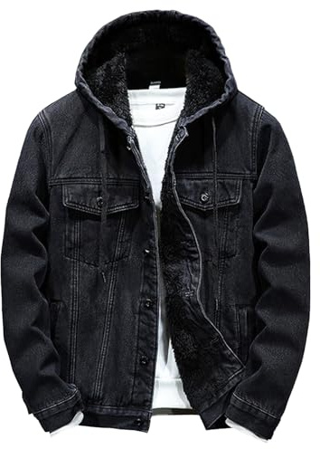 Chaqueta vaquera negra para hombre, estilo camionero, con capucha desmontable, forro polar de borreguillo sintético y capucha desmontable.