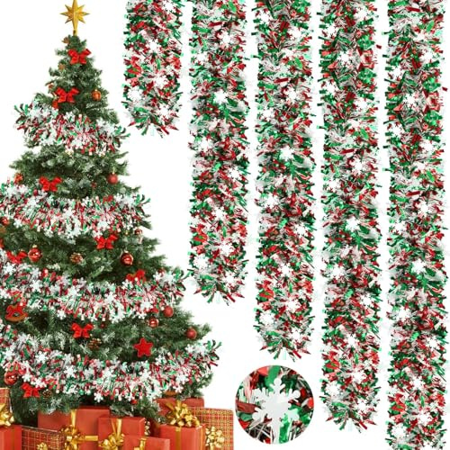 KUANINUNAR Christmas Tinsel Garland with Snowflake 15M Red Green Silver Metallic Tinsels Christmas Decoration Glittering Tinsel Shiny Twist Hanging Garland for Xmas Tree Stairs Mantle Outdoor Decor