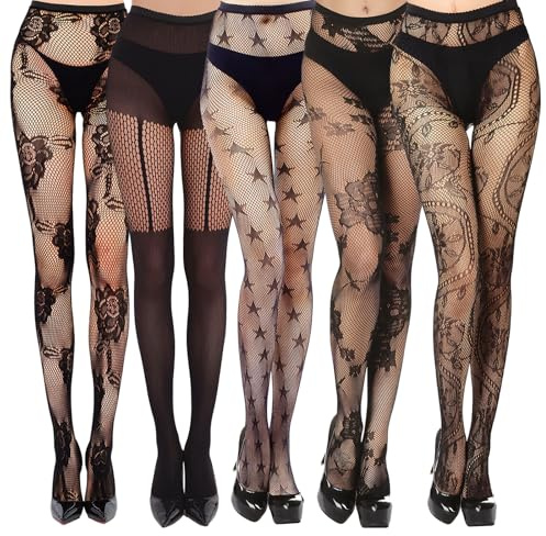 HEUIOP 5Pcs Women's Patterned Fishnet Black Lace Plus Size Fishnet Tights Fashionable High-waisted Pantyhose for Women Lady(Black Pattern Style)