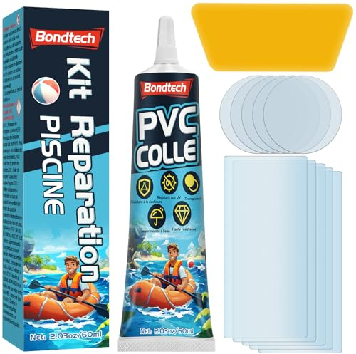 Bondtech Kit de Réparation Piscine, Rustine Piscines, Transparente Kit Reparation Spa Gonflable, Colle PVC pour Bouées, Produits gonflables, Matelas et Bateaux (60ml)