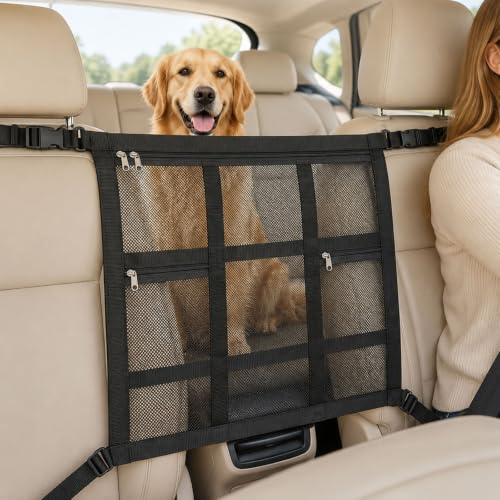Dog Car Barrier for SUV, Adjustable Mesh Divider with Storage Pockets