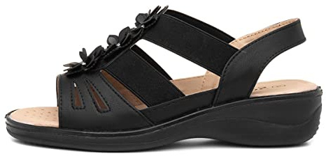 Softlites Womens Black Wedge Flower Slip On Sandal