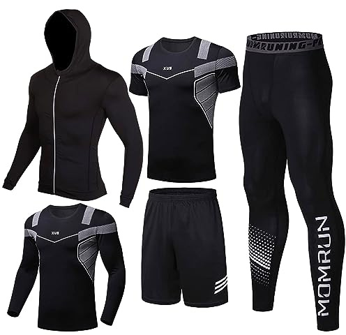 BOOMCOOL 5 st gymkläder män träningsoverall set löpkläder kompressionströjor ärm toppar jackor långa kostymer leggings shorts sport träningskläder för atletiska, E1, 3XL