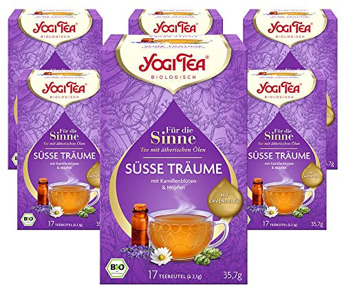 Yogi Tea - Für die Sinne, Süße Träume, Ayurvedischer Bio-Kräutertee mit ätherischen Ölen, von Natur aus koffeinfrei, Lavendel, Kamille, Hopfen, Yogi Tee 6er Pack, 6x17 Beutel (102 Teebeutel insgesamt)