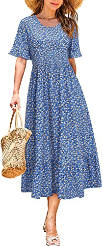 STYLEWORD Women Summer Dress Floral Short Sleeve Ladies Casual Swing Midi Dress with Pockets(Floral09,Large)