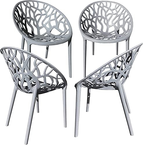 HOM4NISH Set of 2,4,6 Garden Furniture Kitchen Plastic Dining Chairs Geometric Hollow Chairs Bedroom Lounge Reception Tub Chair Stackable Chair for Indoor outdoor home commercial (4, Grey)