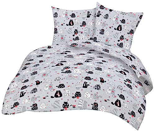 2-teilige Renforcé Bettwäsche 135x200cm und 80x80cm - Katzen, Pfoten mit Herzen - 100% Baumwolle, Bettgarnitur, Kinder (KY-Katzen-Grau)
