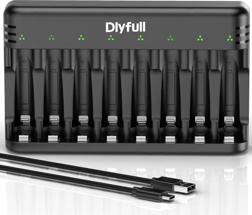 Dlyfull Ladegerät Batterien AAA AA, 8 Fach Akku Ladegerät für NI-MH/NI-CD Mignon AA und Micro AAA mit LED Anzeige, 5V/2A USB-C Schnell Batterieladegerät für Wiederaufladbaren Batterien (Schwarz)