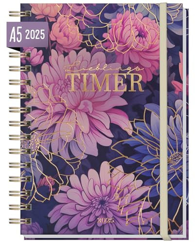 Häfft® Lieblings-Timer Kalender 2025 A5 Purple Bloom Hardcover Terminplaner, Spiralkalender, Terminkalender, Wochenplaner, Planner - nachhaltig & klimafreundlich