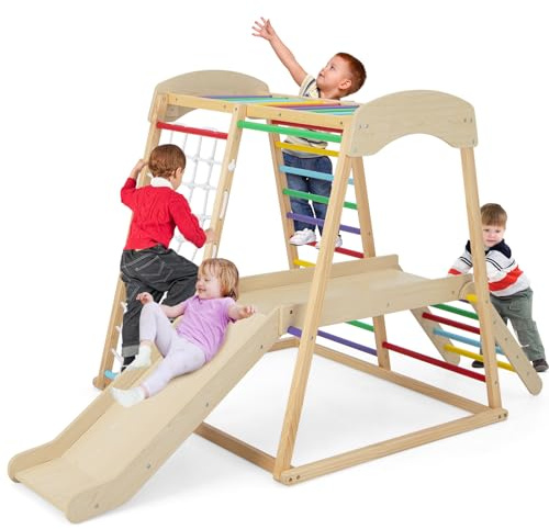 COSTWAY Kids Climbing Frame, Wooden Playground Jungle Gym with Slide, Climbing Ladder/Rope, Monkey Bars, Indoor Climber Playset for Toddlers (Multicolor)