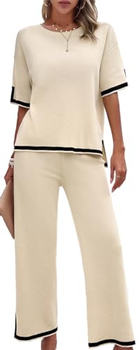 OLIPHEE Femme Ensemble Tricoté 2 Pièces Ensemble Femme Chic et Elegant Pull Femme Manches Courtes Pull Tricoté et Pantalon à Jambes Larges Loungewear Top Casual Outfit Été Automne Beige S