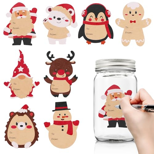JOFONY 120 hojas de pegatinas de Navidad para etiquetar, autoadhesivas de papel kraft, etiquetas de mermelada, pegatinas navideñas, etiquetas navideñas para botellas, etiquetas de regalo