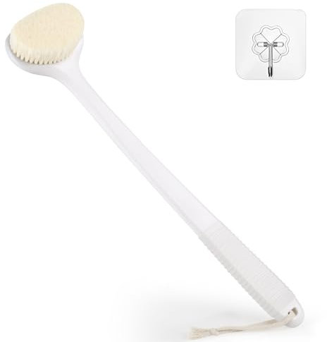 VANZAVANZU Rückenbürste für die Dusche, Badbürste mit 43 cm langem Anti-Rutsch-Griff, Nass- und Trockenbürste für die Körperreinigung, Rückenbürste für Männer und Frauen, Weiß